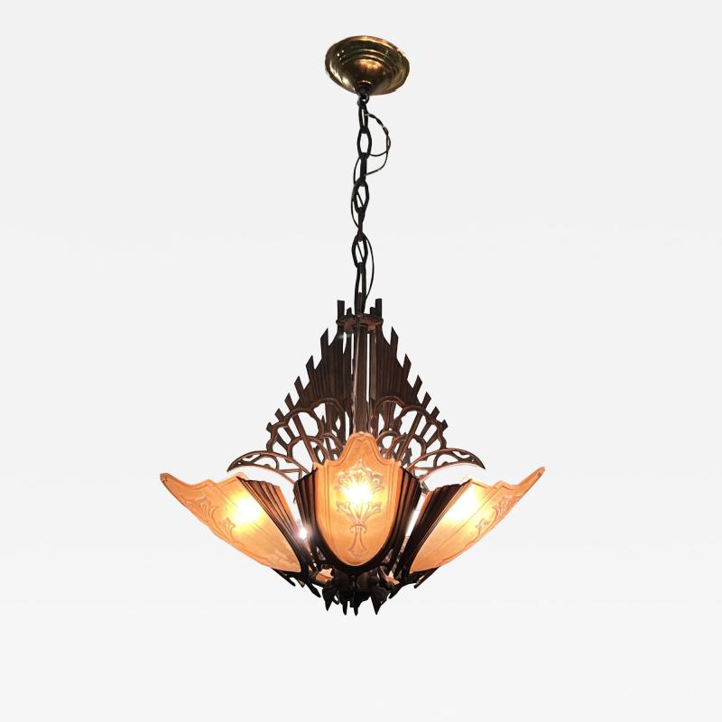 ART DECO FIVE AMBER GLASS SLIP SHADE AND ANTIQUE COPPER CHANDELIER