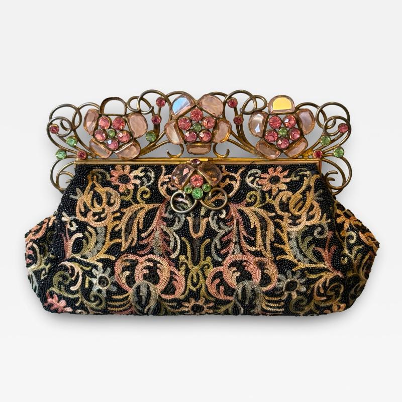 ART DECO FRENCH BEADED EMBROIDERED PURSE WITH GLASS FACETED JEWELED FRAME