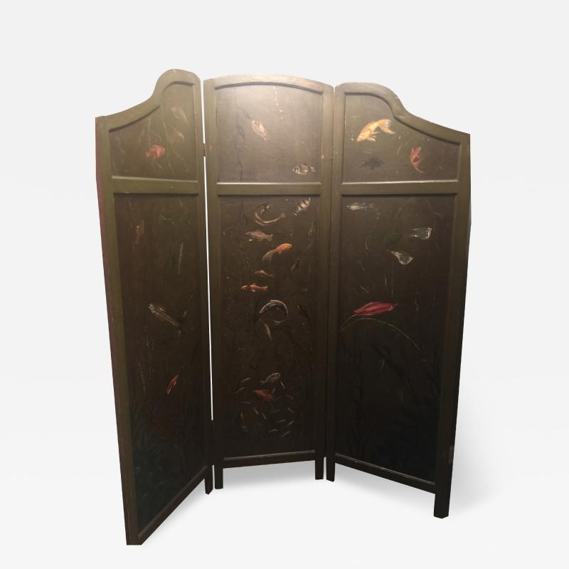 ART DECO HAND PAINTED DOUBLE SIDED ROOM SCREEN TROPICAL FISH CHINOISERIE