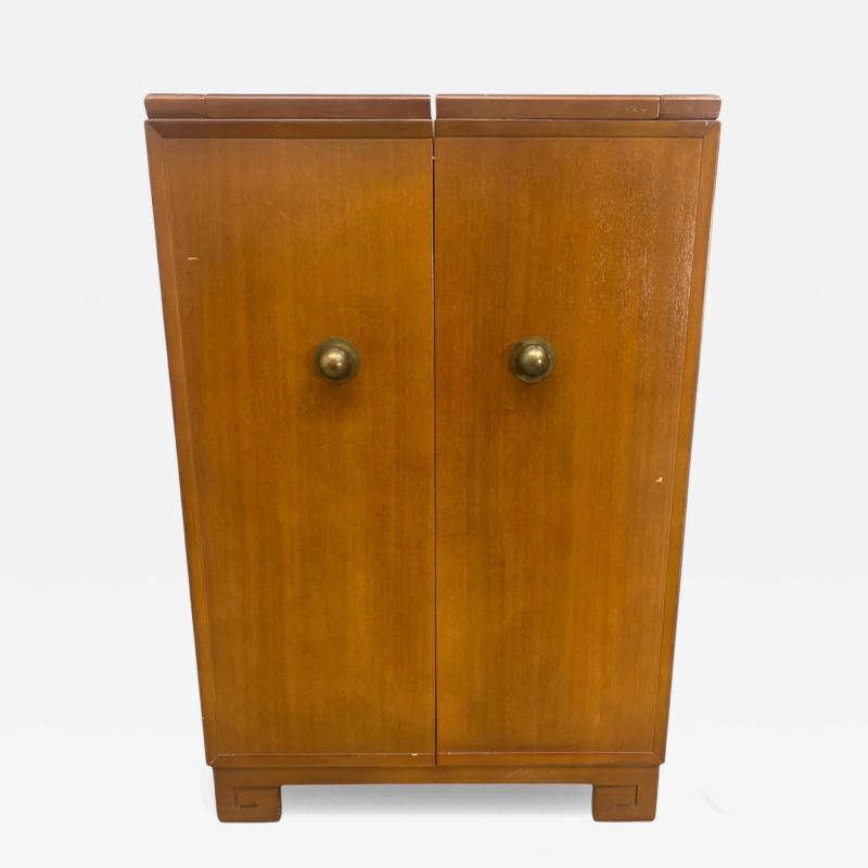 ART DECO LIGHT WOOD FITTED BAR CABINET WITH GREEK KEY FEET BY ROCKOLA