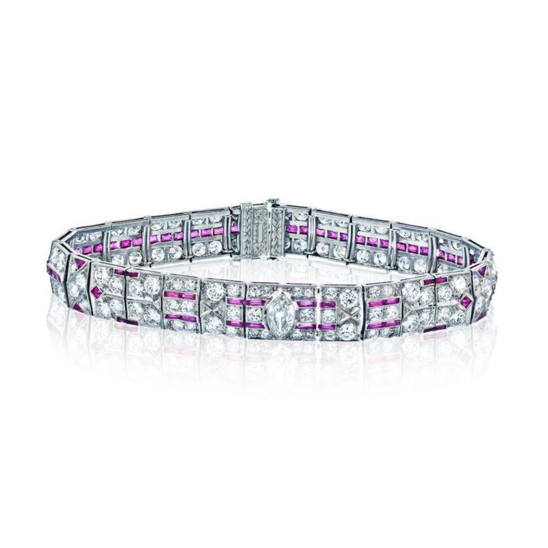 ART DECO PLATINUM FRENCH CUT RUBY DIAMOND 11 00CTTW BRACELET