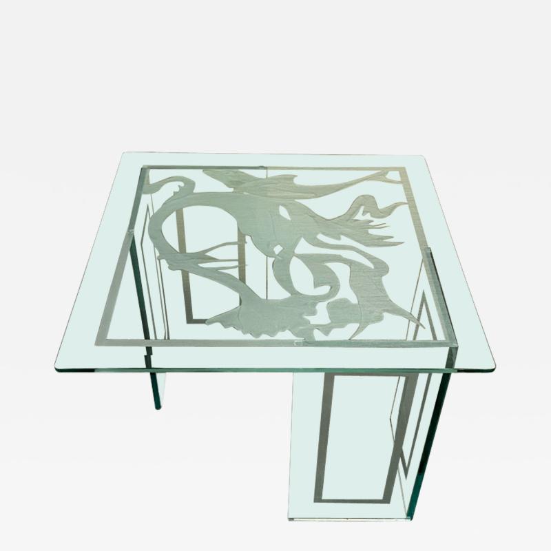 ART DECO REVIVAL ETCHED GLASS TABLE WITH DOLPHIN AMONGST SEA PLANTS