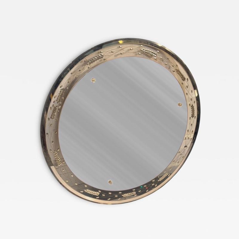 ART DECO ROUND ETCHED FLORAL MIRROR