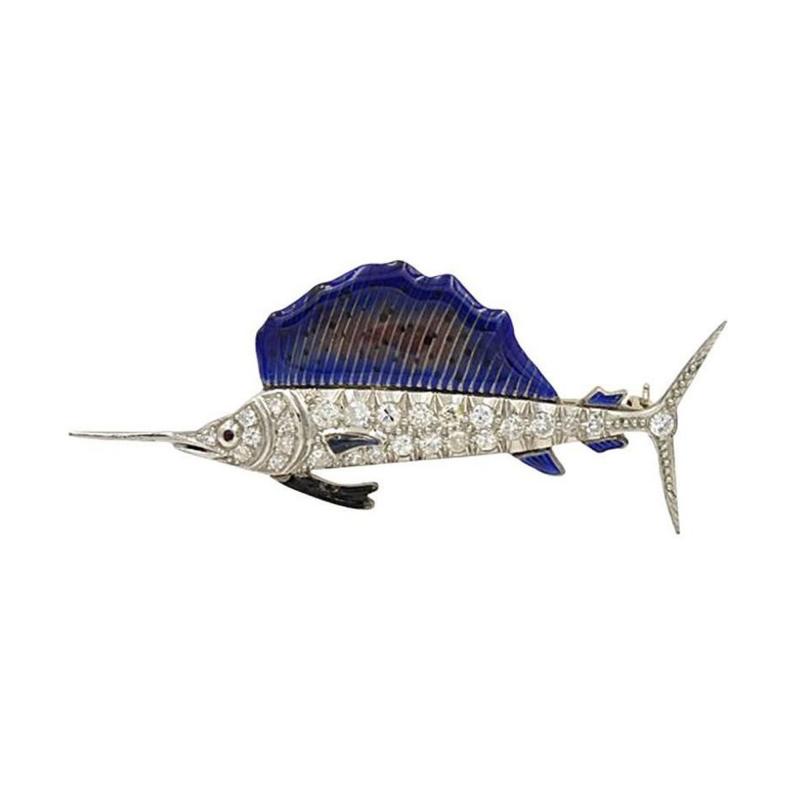 ART DECO SAILFISH BROOCH IN PLATINUM WITH DIAMONDS AND ENAMEL CIRCA 1930