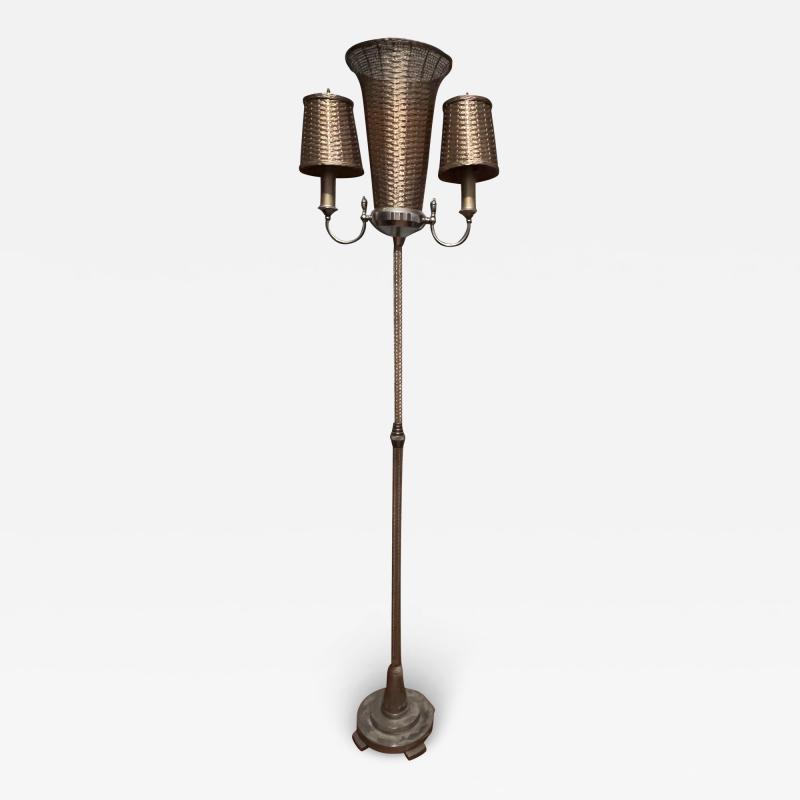 ART DECO WOVEN NICKELED BRONZE TRIPLE LIGHT TORCHIERE