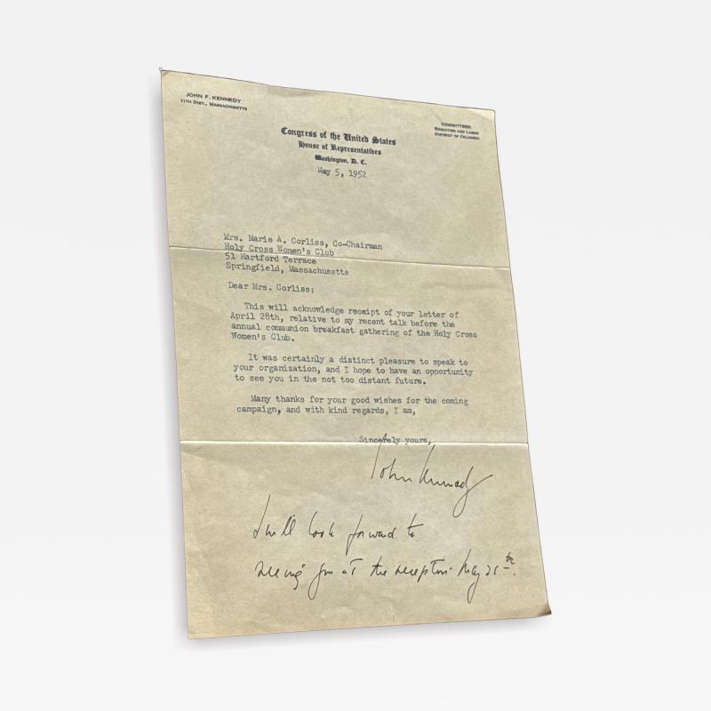 AUTOGRAPHED JOHN F KENNEDY LETTER TO HOLY CROSS WOMENS CLUB 1952