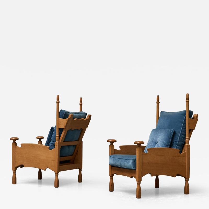 Abraham Sprij Abraham Sprij Pair of Lounge Chairs in Solid Oak and Blue Velvet 1960s