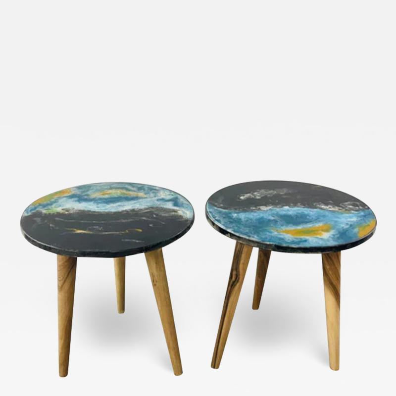 Abstract Art Design Epoxy Resin Top Walnut Legs End or Side Table a Pair