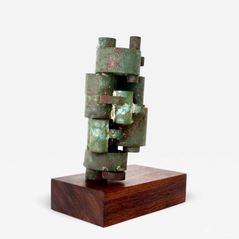 Abstract Copper Tubular Column Sculpture Set On A Walnut Base With Patina