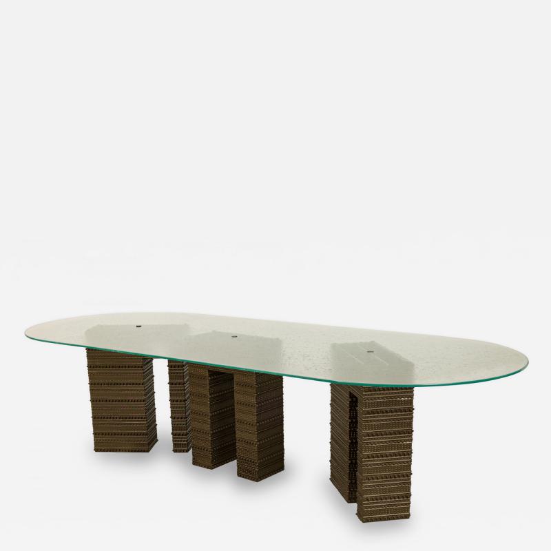 Abstract Geometric Three Metal Pedestal Seeded Glass Top Dining Table
