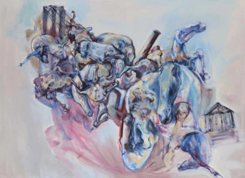 Abstract Oil on Canvas Large Painting Titled Three Cities 