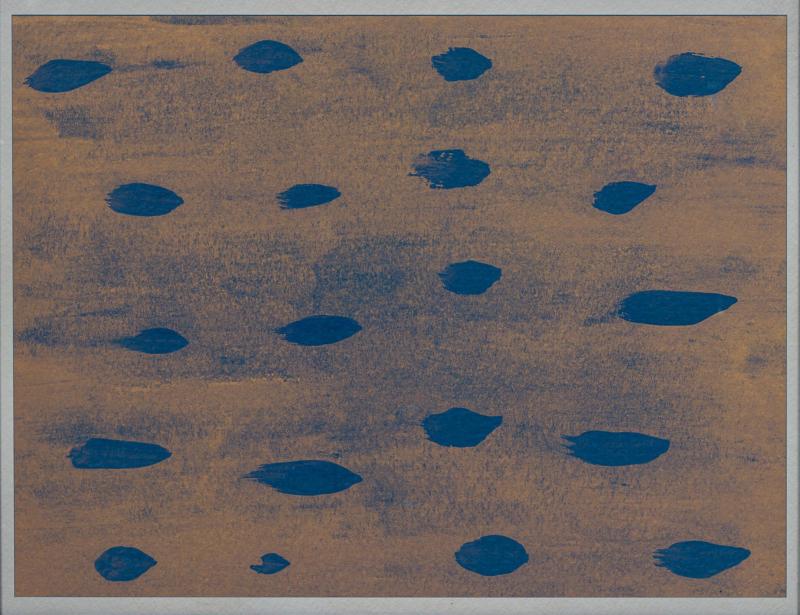 Abstract Print with Grey and Navy Blue Dots on Orange Background