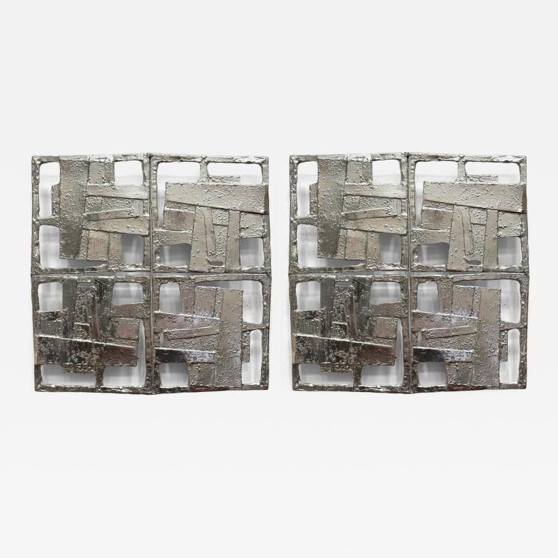 Abstract Vintage Brutalist Cast Metal Wall Sculptures Pair