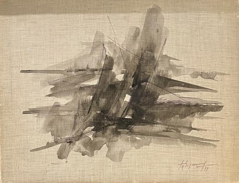 Abstract ink wash on linen panel by Jean Signovert France 1979 