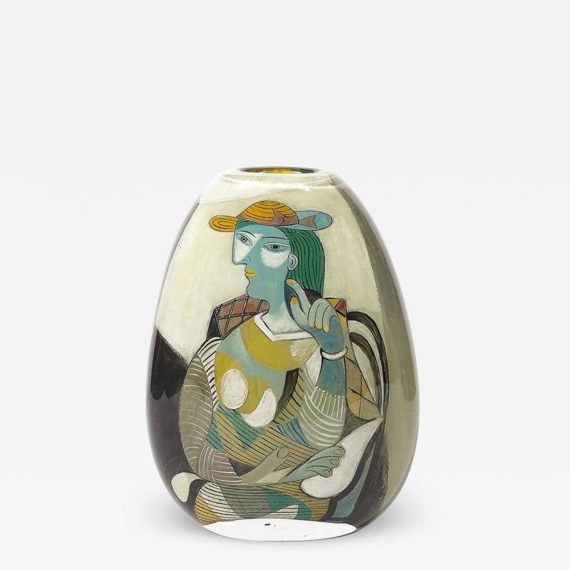 Ada Loumani Modernist Hand Blown Glass Vase W Picasso Motif signed Ada Loumani