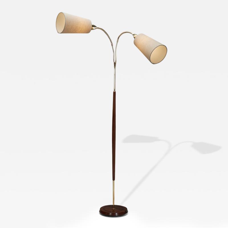 Adjustable Two Armed Wood and Brass Floor Lamp Europe ca 1940s