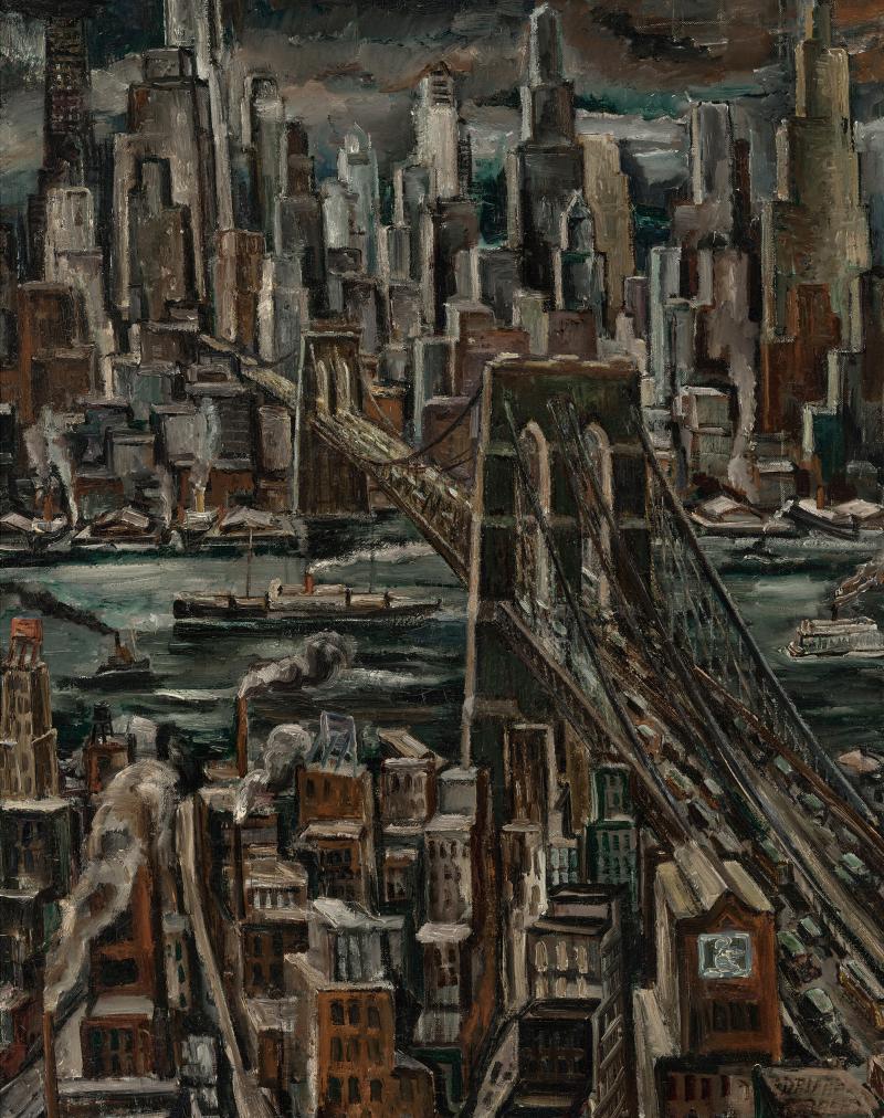 Adriaan Lubbers Brooklyn Bridge from Manhattan Dramatic Light Lower Manhattan Skyline Painting