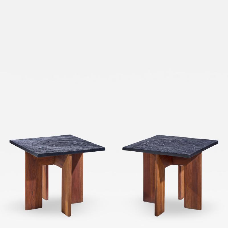 Adrian Pearsall Adrian Pearsall for Craft Associates Walnut and Slate Top Side Tables Pair