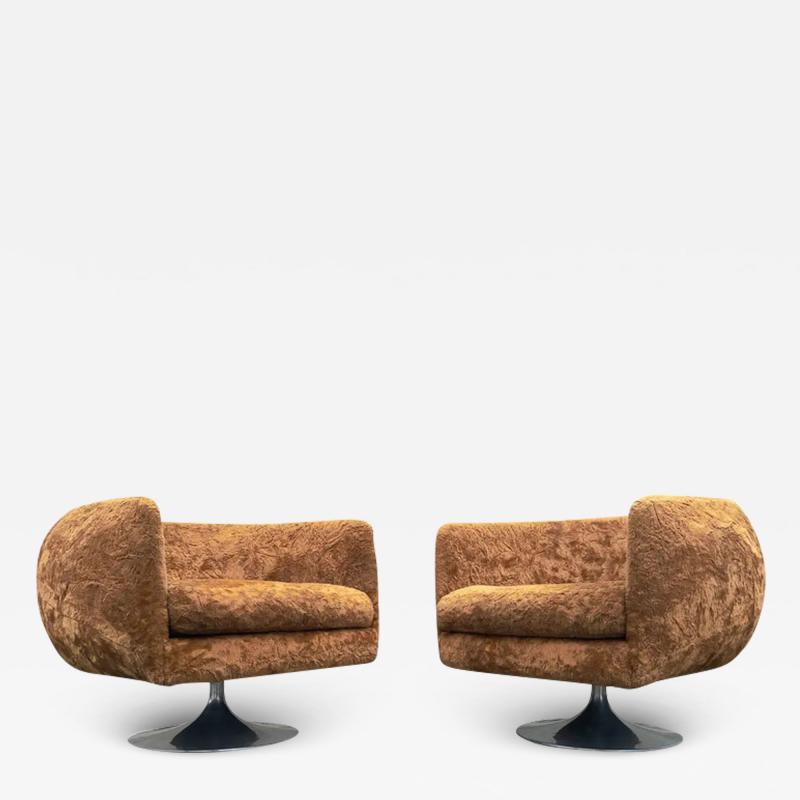 Adrian Pearsall Pair Adrian Pearsall Barrel Form Swivel Chairs Brown Fur Upholstry Tulip Bases