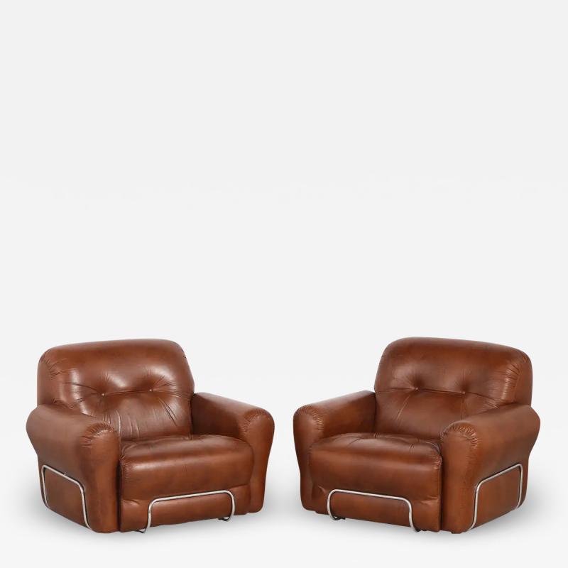 Adriano Piazzesi Pair of Adriano Piazzessi Italian 1970s Leather Tufted Lounge Chairs