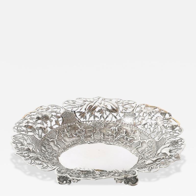 Aesthetic Movement Sterling Repouse Flora Fauna Dish signed Pau Kuang