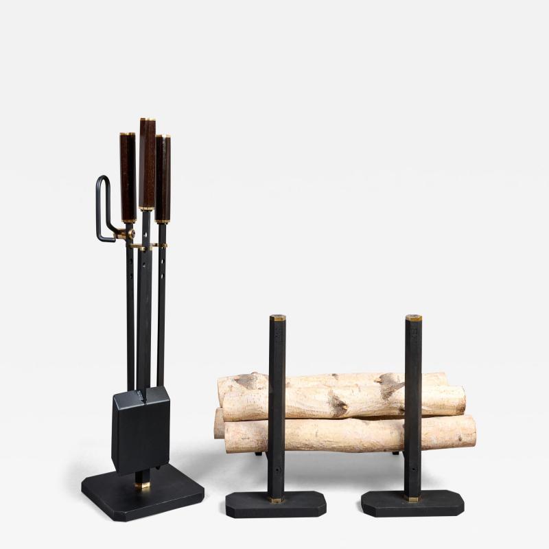Afra Tobia Scarpa Afra and Tobia Scarpa Fireplace Set with Wood Tools Andirons and Screen