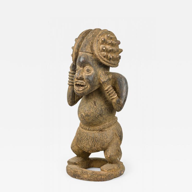 African Cameroon 20th Century Carved Wood Bameleke Chief Squatting Figure on Cir