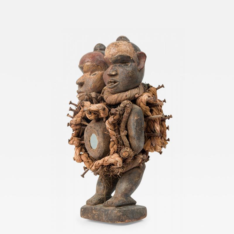 African D R Congo 20th Century Carved Wood Mirror Nkisi Nail Fetish Figure