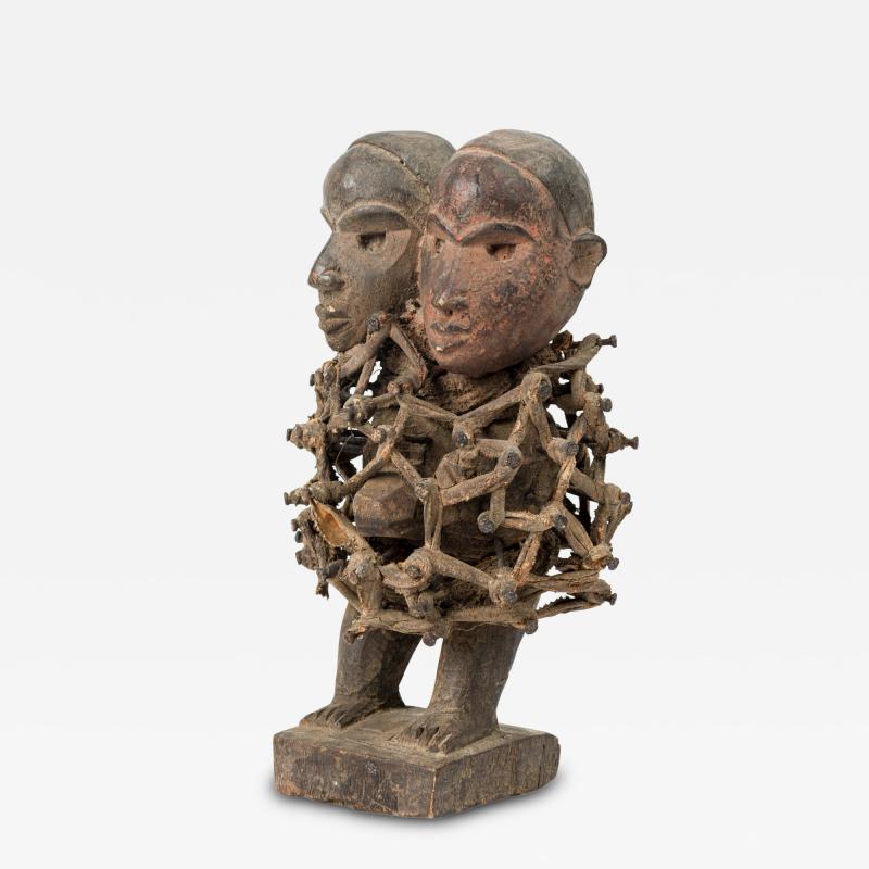 African D R Congo 20th Century Carved Wood Nkisi 2 Headed Nail Fetish Figure