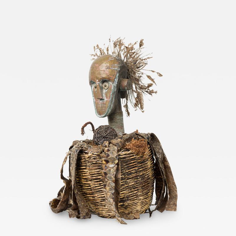 African Gabon Congo Carved Wood Brass Kota Male Reliquary Figure with Basket