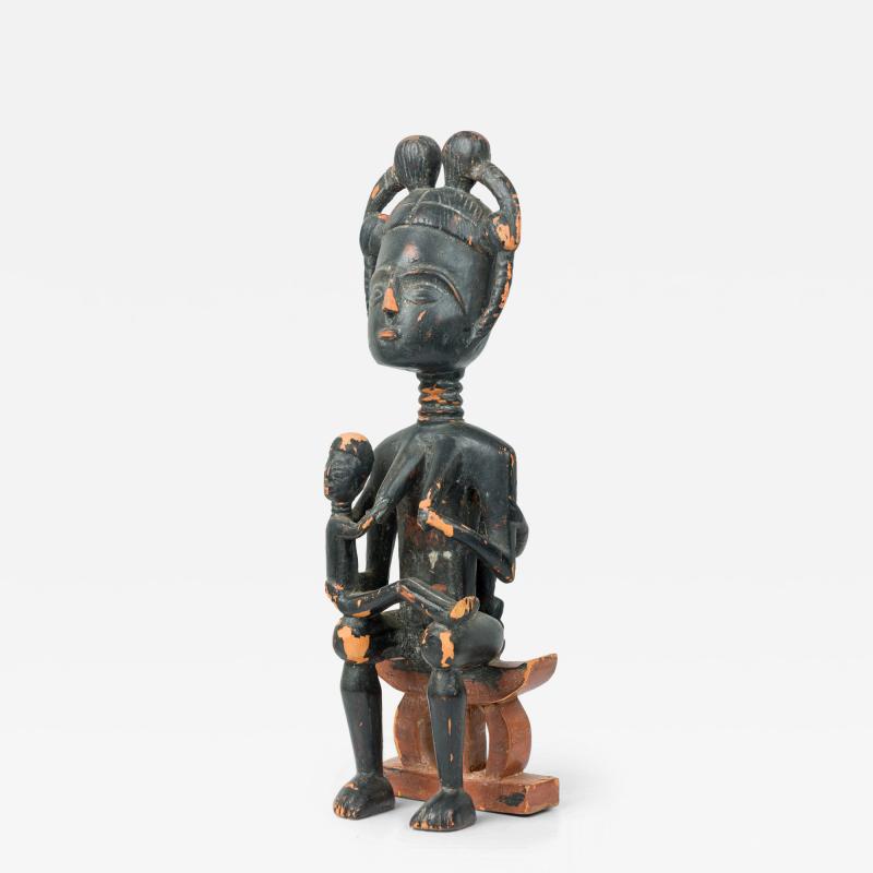 African Ghana 20th Century Carved Wood Akan Seated Mother and Child