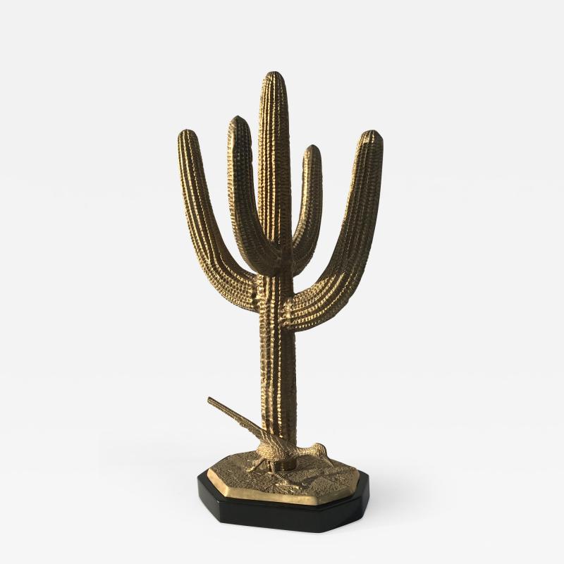 Alain Chervet Brass Saguaro Cactus Sculpture with Roadrunner