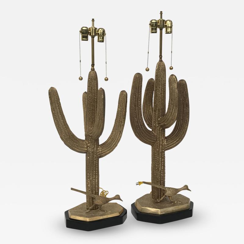 Alain Chervet Pair of Brutalist Brass Saguaro Cactus Lamps
