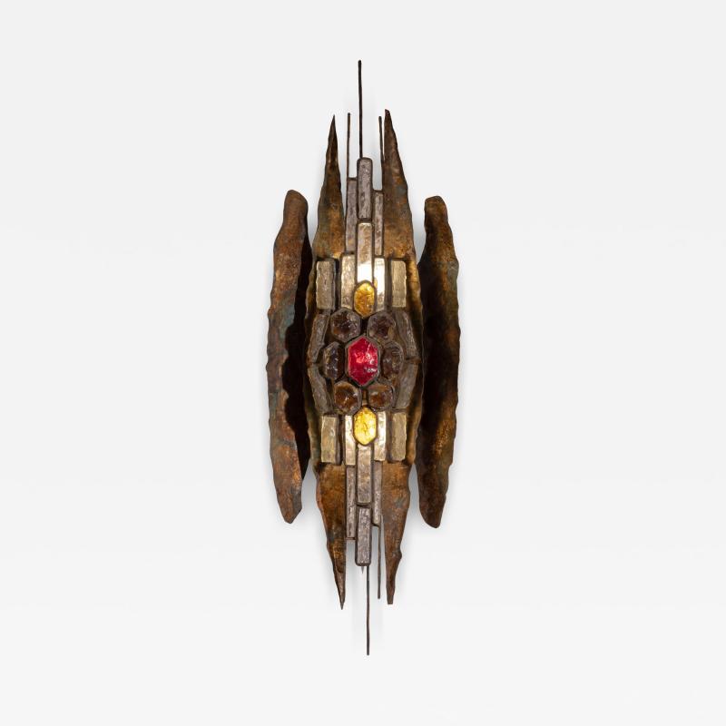 Albano Poli Albano Poli large Brutalist Wall Sconce in Metal and Crystal Poliarte 1970s