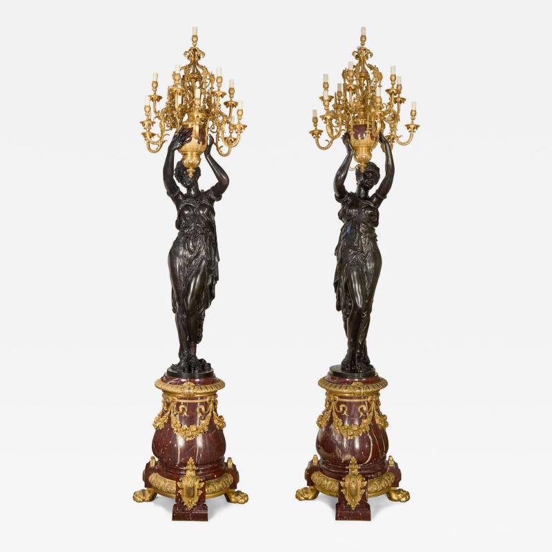 Albert Ernest Carrier Belleuse Monumental Pair of Rouge Marble Gilt and Patinated Bronze Figural Torch res