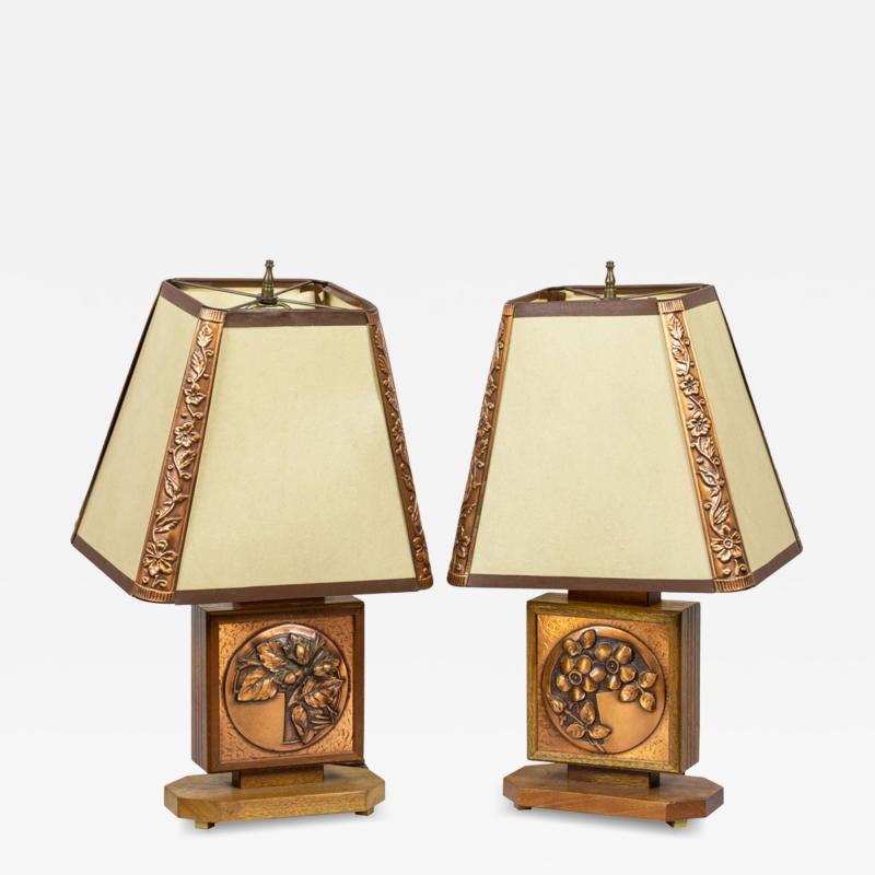 Albert Gilles Pair of Albert Gilles French Art Deco Embossed Copper Table Lamps