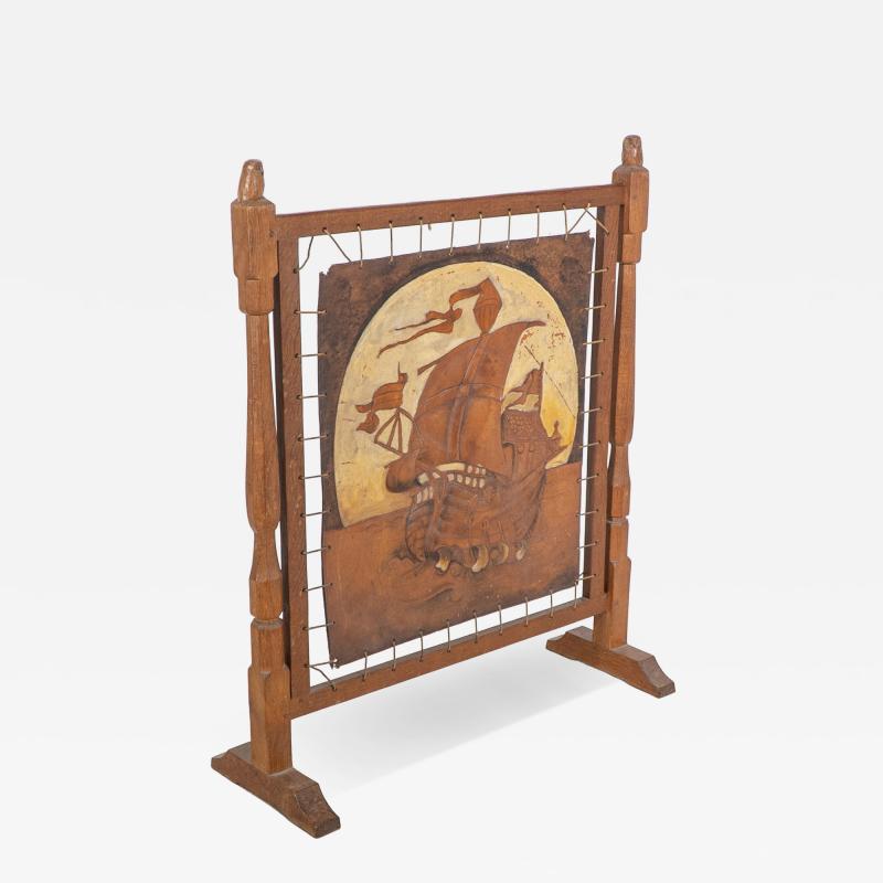 Albert Owlman Harrison Carved and Adzed Oak Fire Screen Attributed to Robert Thompson Mouseman