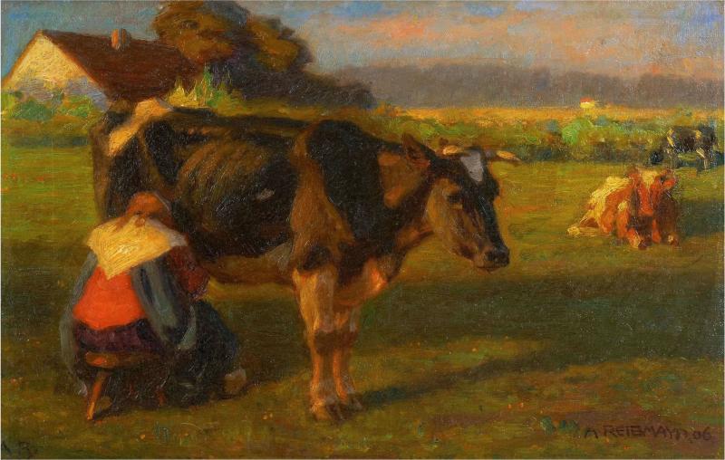 Albert Reibmayr Milking Time 1906 Landscape Painting of Cows by Albert Reibmayr Austrian 