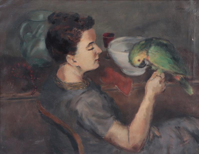 Albert Serwazi American 1905 1992 Gertrude with Parrot Oil on canvas 