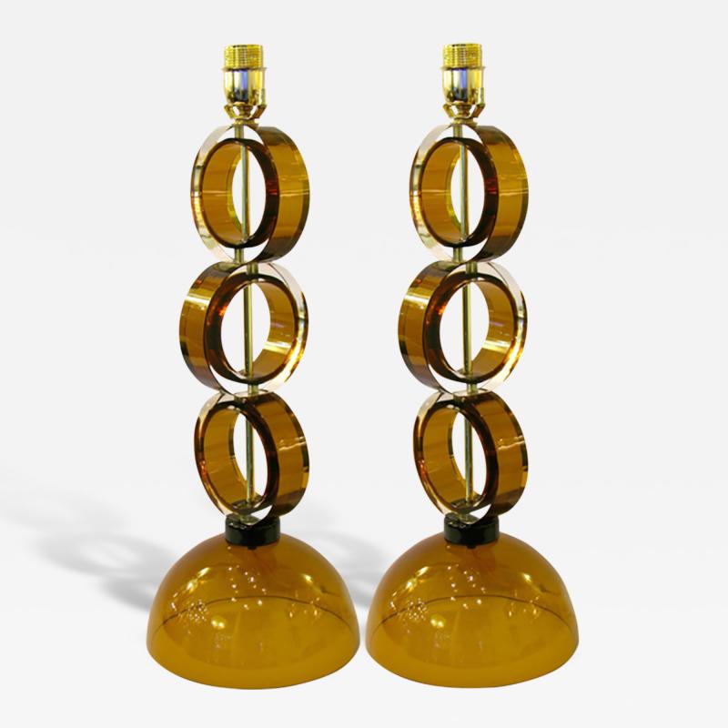 Alberto Dona 1970s Italian Pair of Amber Murano Glass Disks Lamps by Alberto Dona