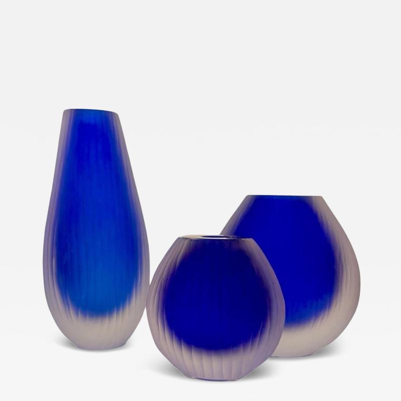 Alberto Dona Alberto Dona Trio Conneto Supreme Blue Murano Sommerso Glass Vases Signed 