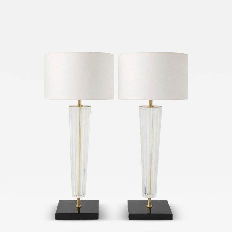 Alberto Dona Art Deco Style Venetian Glass Lamps in Clear Glass with Black Glass Base Signed