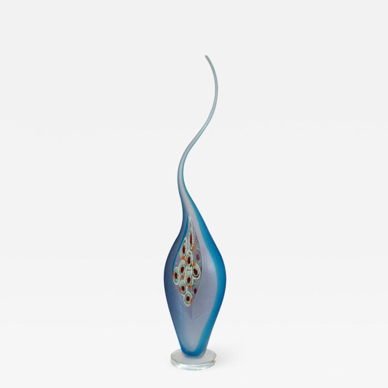 Alberto Dona Dona Modern Art Glass Aqua Blue Sculpture Vase with Red and Yellow Murrine