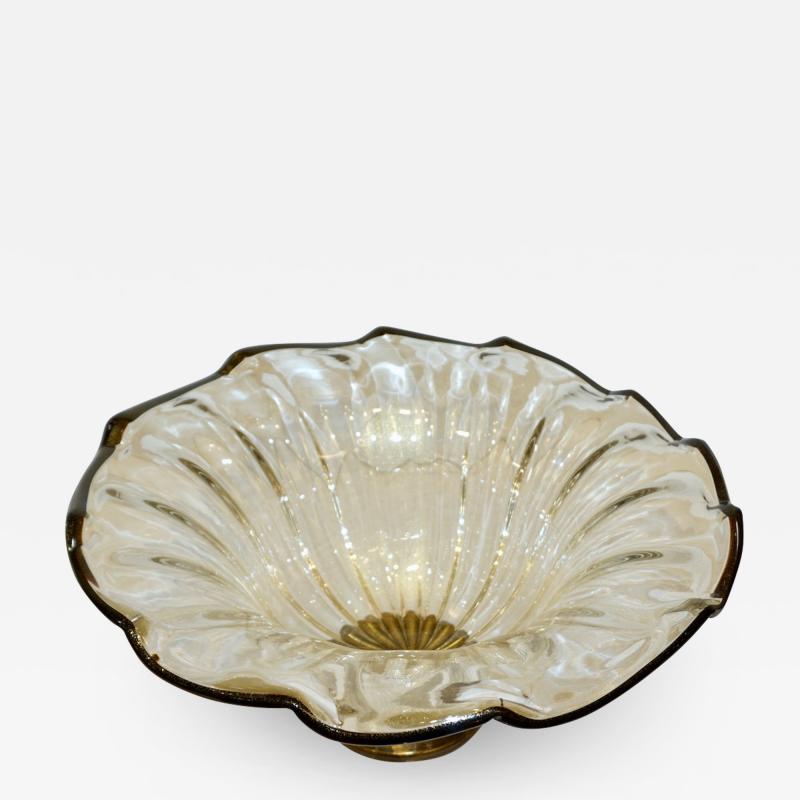 Alberto Dona Italian Gold Dust Crystal Murano Glass Scalloped Centerpiece Bowl with Black Rim