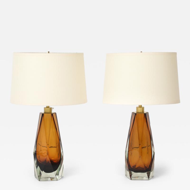 Alberto Dona Pair of Cognac Murano Glass and Brass Lamps Signed Italy