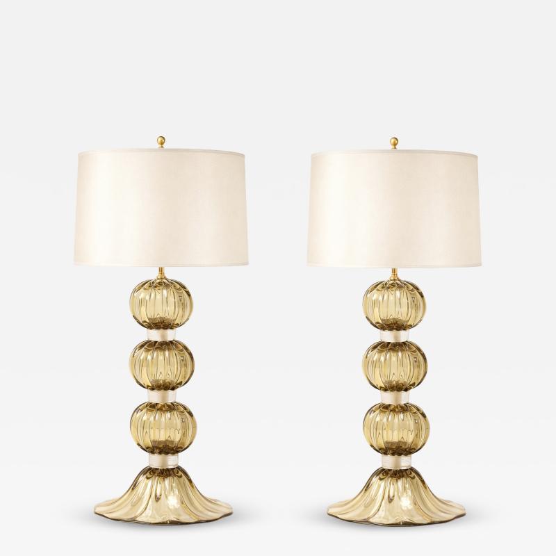 Alberto Dona Pair of Golden Amber Pagliesco Murano Glass Spheres Lamps Italy 2025 Signed