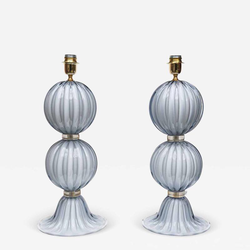 Alberto Dona Pair of light Pale blue grey blown Murano glass table lamps
