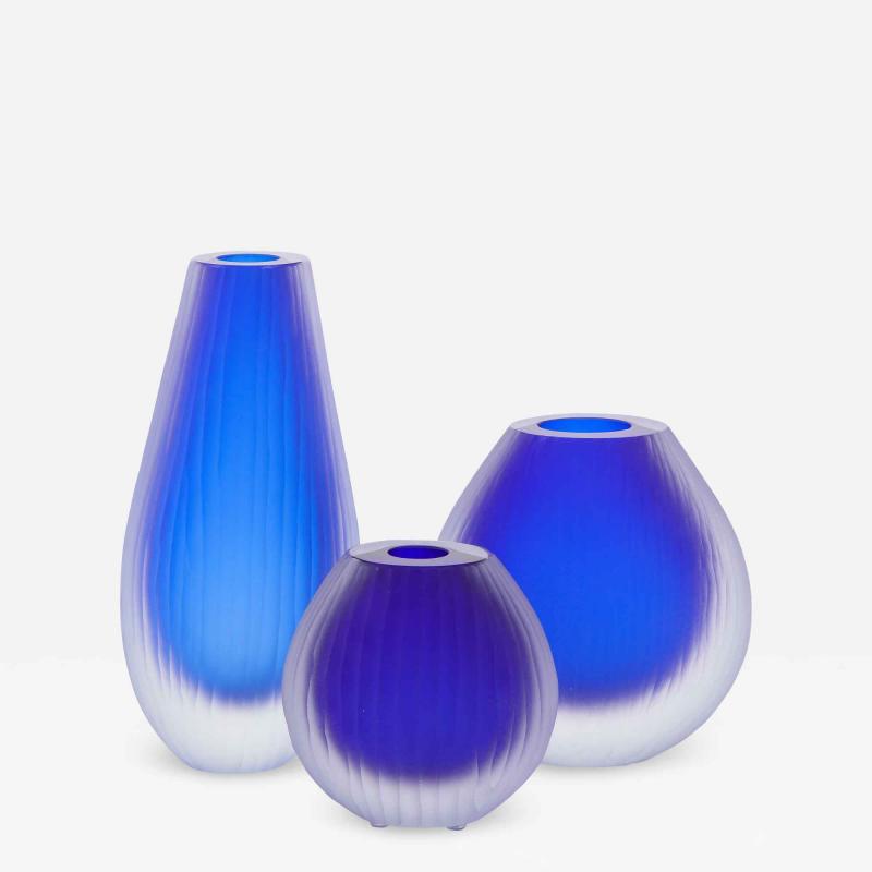 Alberto Dona Set of Three Fluted Cobalt Blue Murano Glass Vases Signed by Alberto Don 