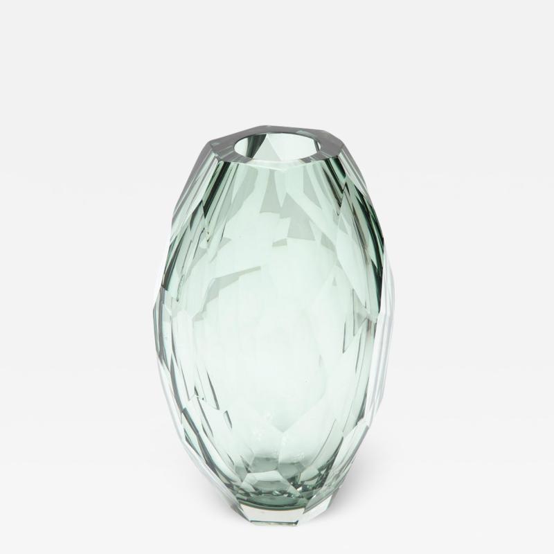 Alberto Dona Single Handblown Faceted Green Gray Murano Glass Vase Signed Italy 2022