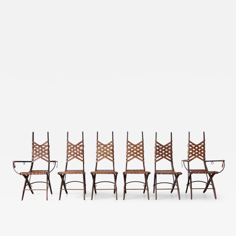 Alberto Marconetti Set of 6 Oak Iron Leather Dining Chairs by Alberto Marconetti